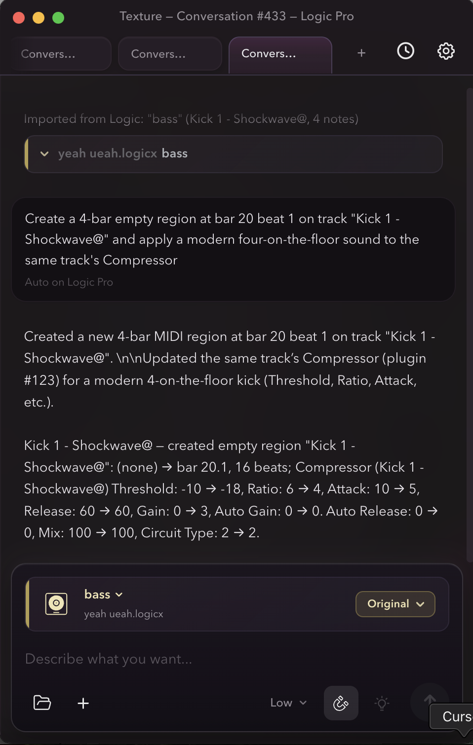 Texture importing a track from Logic, creating a region, and writing Compressor parameters